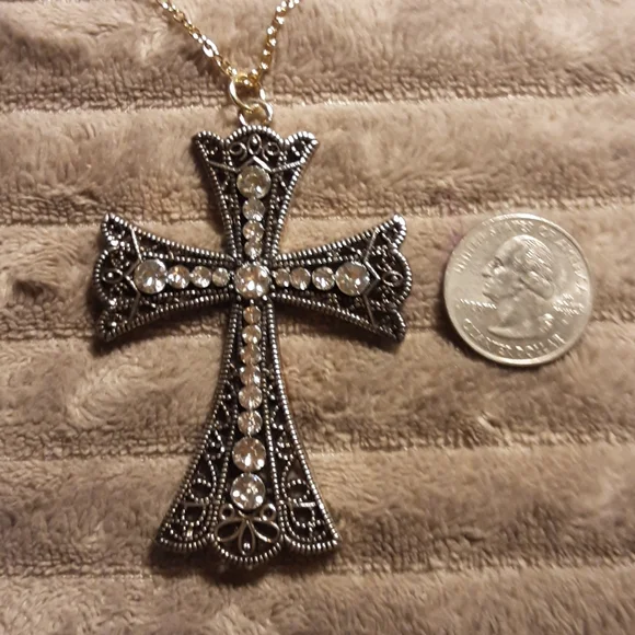 Handmade Cross Pendant Necklace Gold With Rhinestones 23" long Chain - Picture 4 of 4
